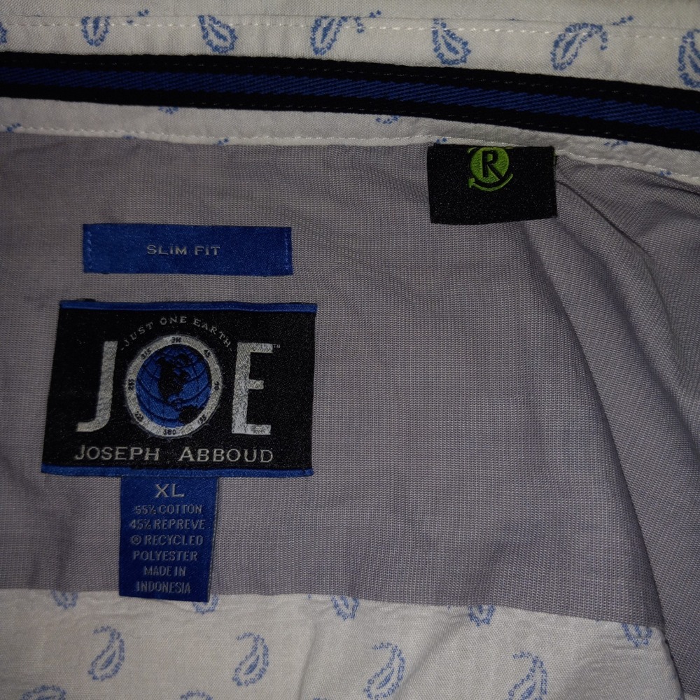 Joseph Abboud JOE White Blue Paisley Short Sleeve Cotton Dress Shirt Men's XL